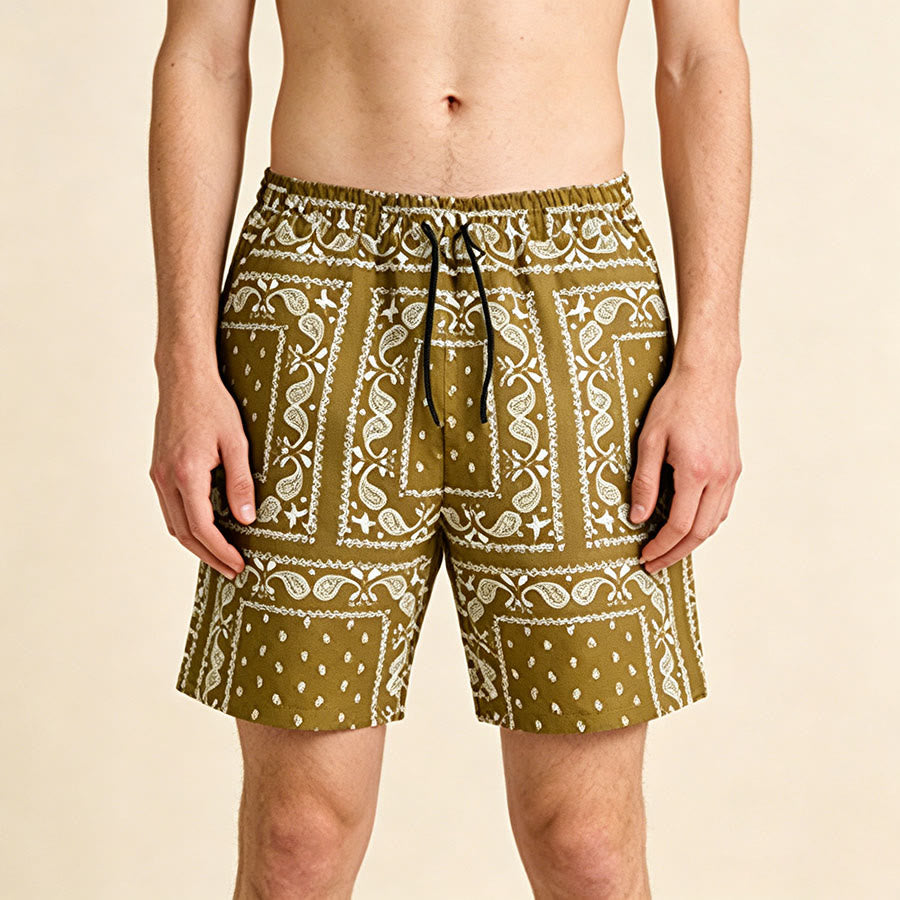 Pantaloncini da uomo estivi traspiranti e larghi con motivo paisley a quadri in stile retrò Olivenorma. - Cachi - 2XL - image 6