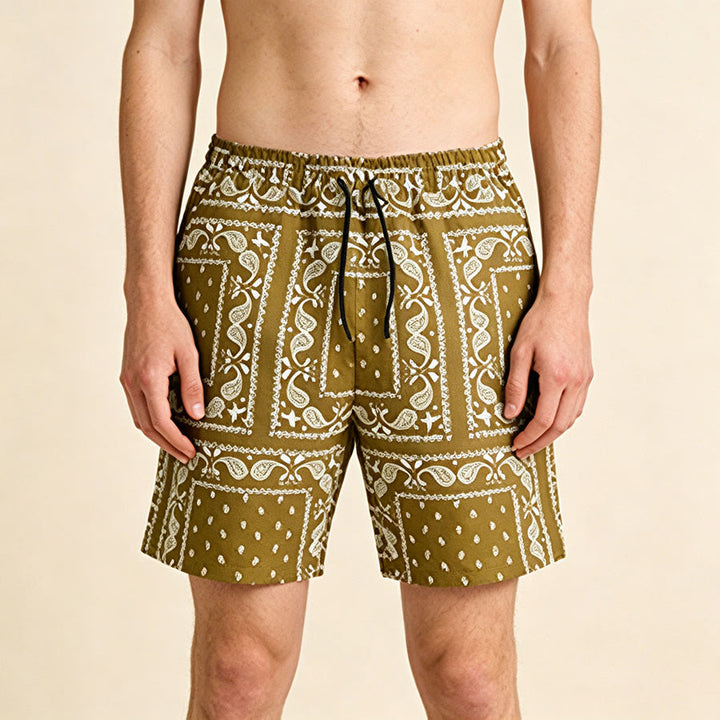 Pantaloncini da uomo estivi traspiranti e larghi con motivo paisley a quadri in stile retrò Olivenorma. - Cachi - 2XL - image 6