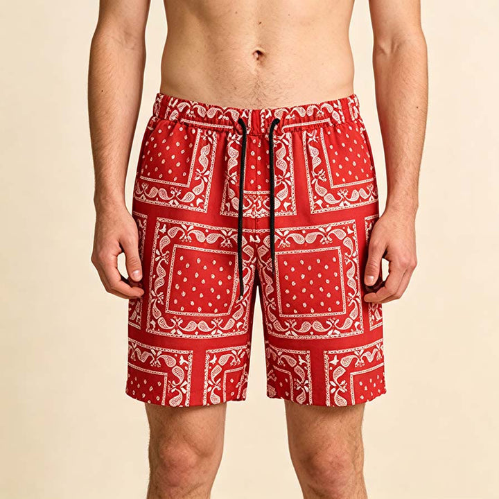 Pantaloncini da uomo estivi traspiranti e larghi con motivo paisley a quadri in stile retrò Olivenorma. - Rosso - 2XL - image 23