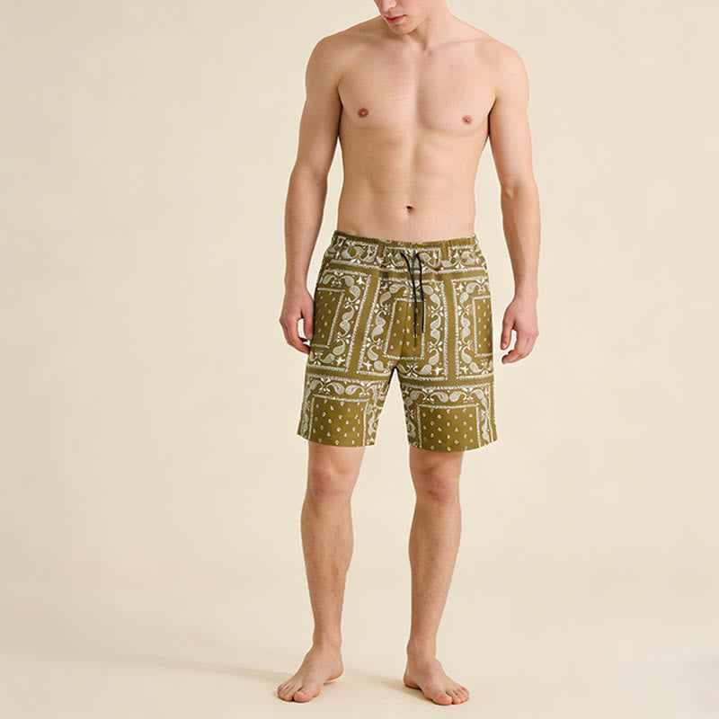 Pantaloncini da uomo estivi traspiranti e larghi con motivo paisley a quadri in stile retrò Olivenorma. - image 9