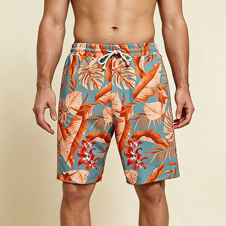 Pantaloncini da uomo Olivenorma con stampa floreale a foglie tropicali, coulisse elasticizzata e vestibilità ampia. - Verde - 3XL - image 0