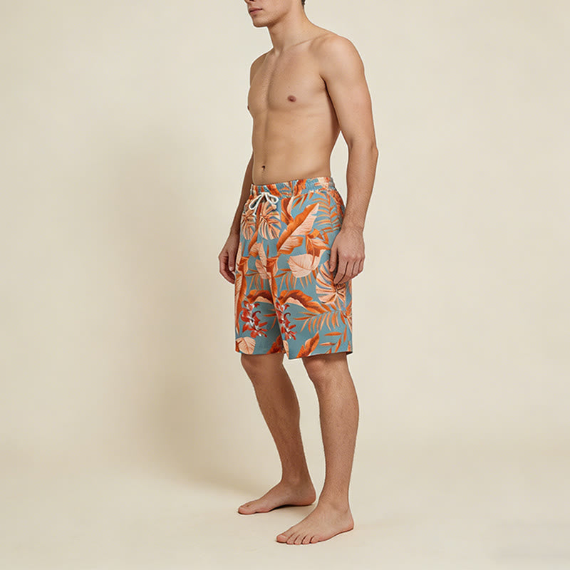 Pantaloncini da uomo Olivenorma con stampa floreale a foglie tropicali, coulisse elasticizzata e vestibilità ampia. - image 2