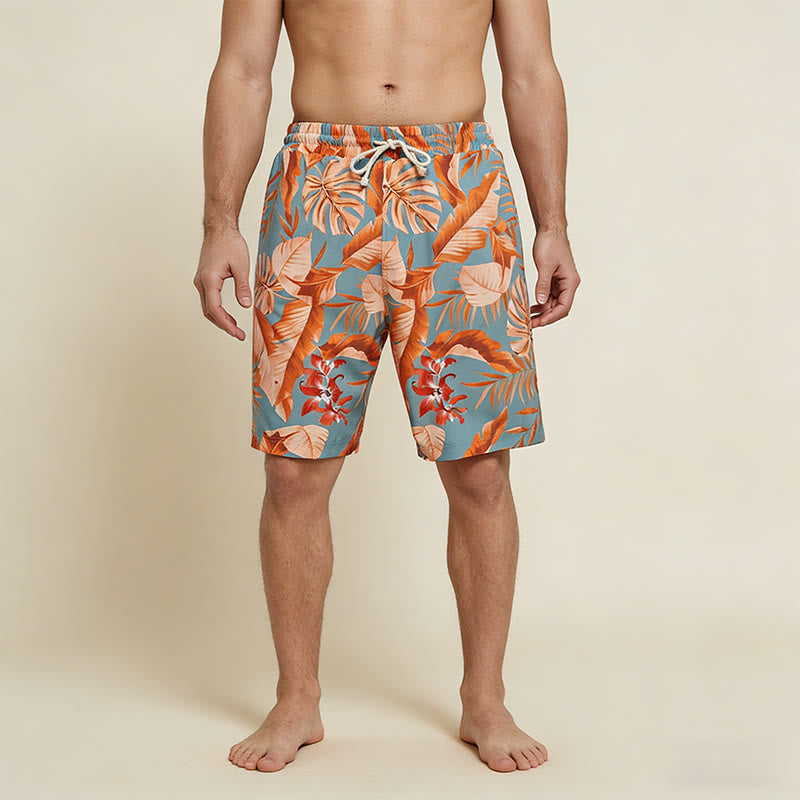 Pantaloncini da uomo Olivenorma con stampa floreale a foglie tropicali, coulisse elasticizzata e vestibilità ampia. - image 1