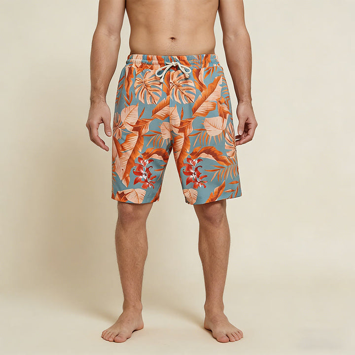 Pantaloncini da uomo Olivenorma con stampa floreale a foglie tropicali, coulisse elasticizzata e vestibilità ampia. - image 1