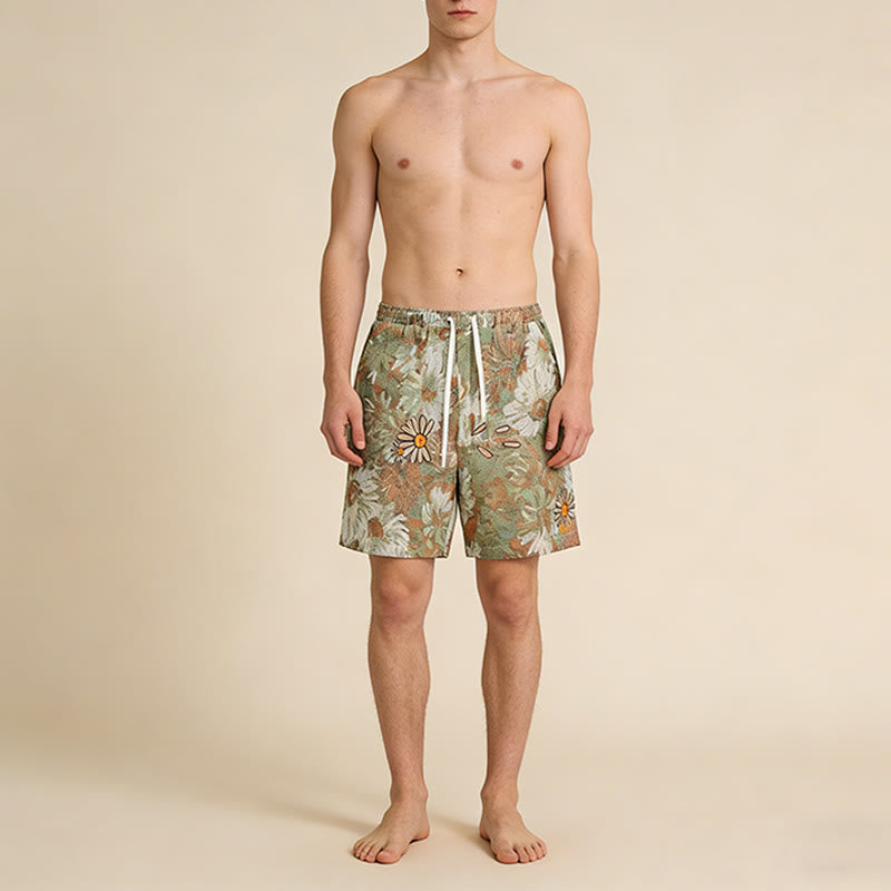 Pantaloncini da uomo Olivenorma , vestibilità ampia, con stampa a margherite e ricami in stile vintage. - image 1