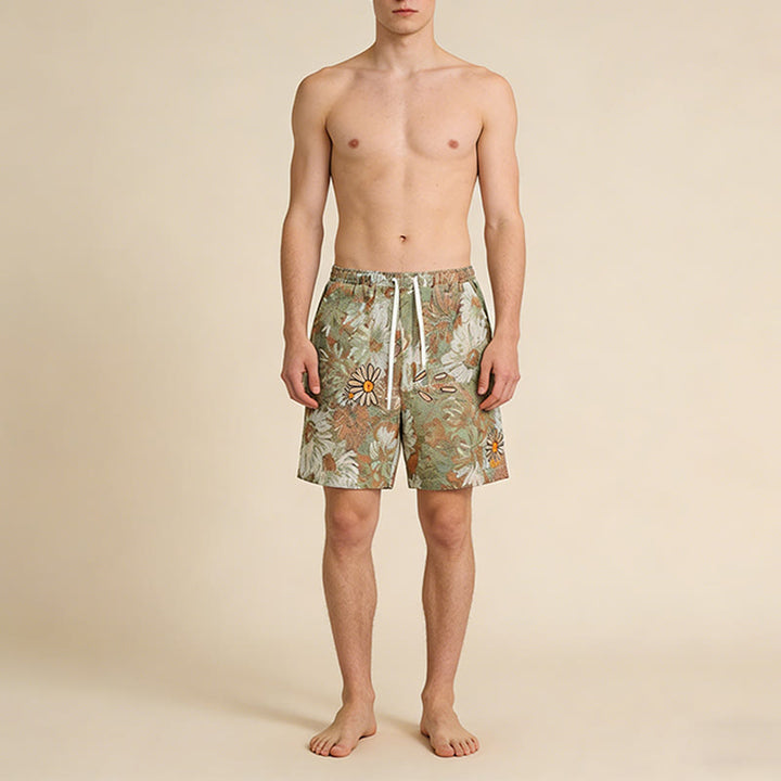Pantaloncini da uomo Olivenorma , vestibilità ampia, con stampa a margherite e ricami in stile vintage. - image 1