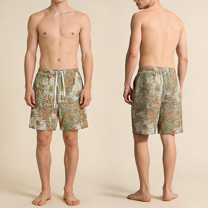 Pantaloncini da uomo Olivenorma , vestibilità ampia, con stampa a margherite e ricami in stile vintage. - image 4
