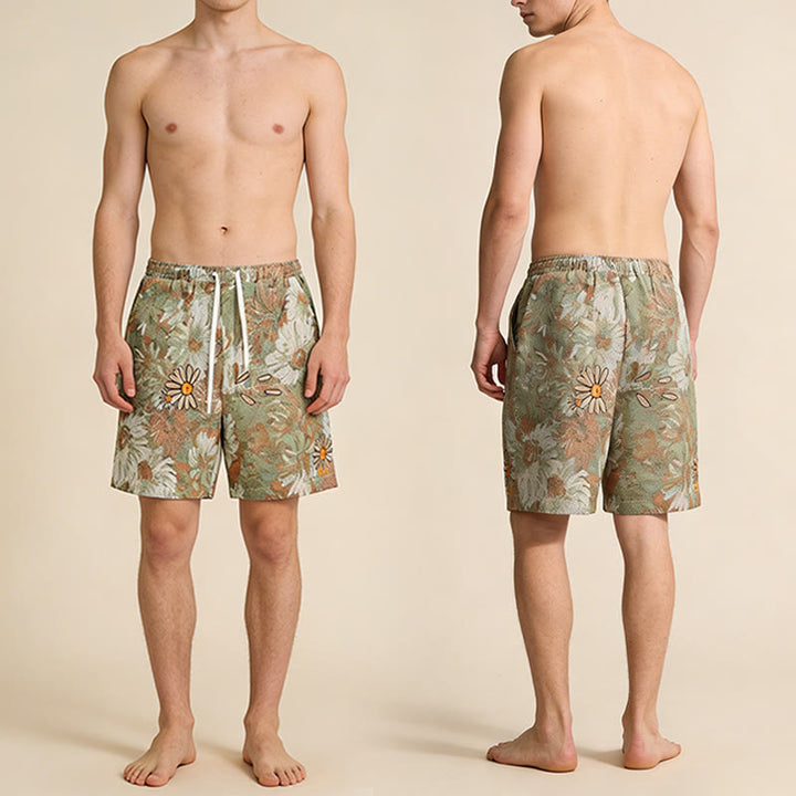 Pantaloncini da uomo Olivenorma , vestibilità ampia, con stampa a margherite e ricami in stile vintage. - image 4