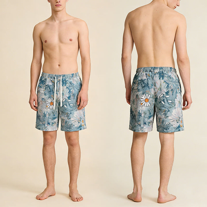 Pantaloncini da uomo Olivenorma , vestibilità ampia, con stampa a margherite e ricami in stile vintage. - image 9