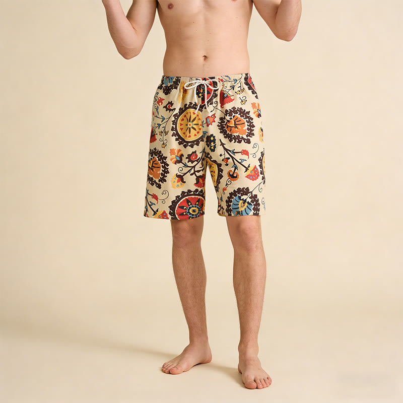 Pantaloncini da uomo Olivenorma Ethnic Medallion con stampa floreale, elastico in vita e coulisse, vestibilità ampia. - image 1