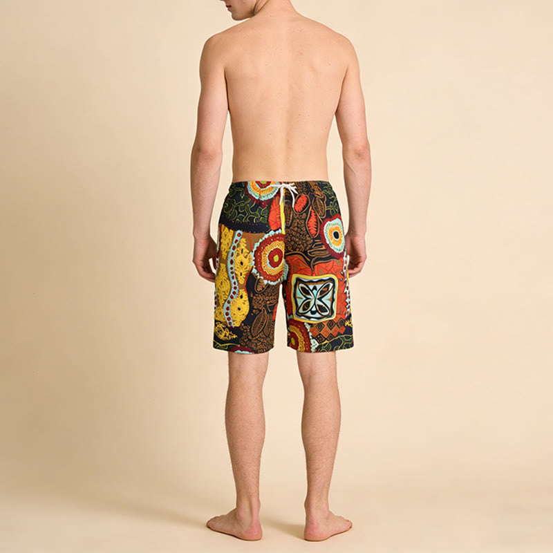 Pantaloncini da uomo Olivenorma con stampa geometrica floreale etnica tribale africana, elastico in vita e coulisse, vestibilità ampia. - image 4