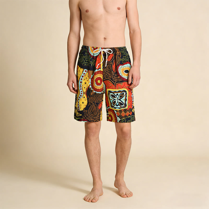 Pantaloncini da uomo Olivenorma con stampa geometrica floreale etnica tribale africana, elastico in vita e coulisse, vestibilità ampia. - image 3