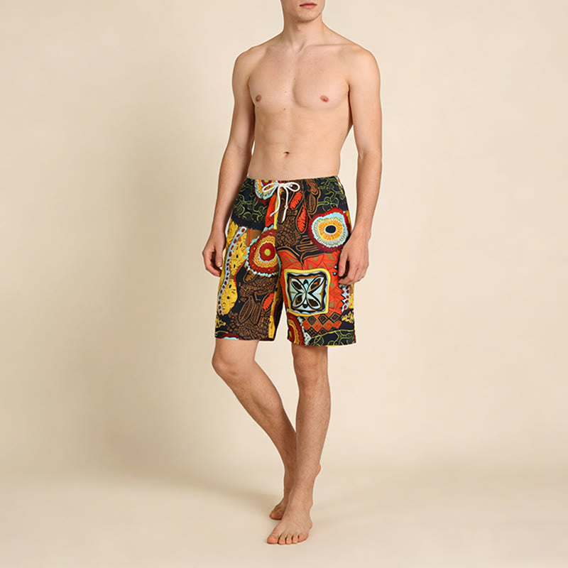 Pantaloncini da uomo Olivenorma con stampa geometrica floreale etnica tribale africana, elastico in vita e coulisse, vestibilità ampia. - image 2