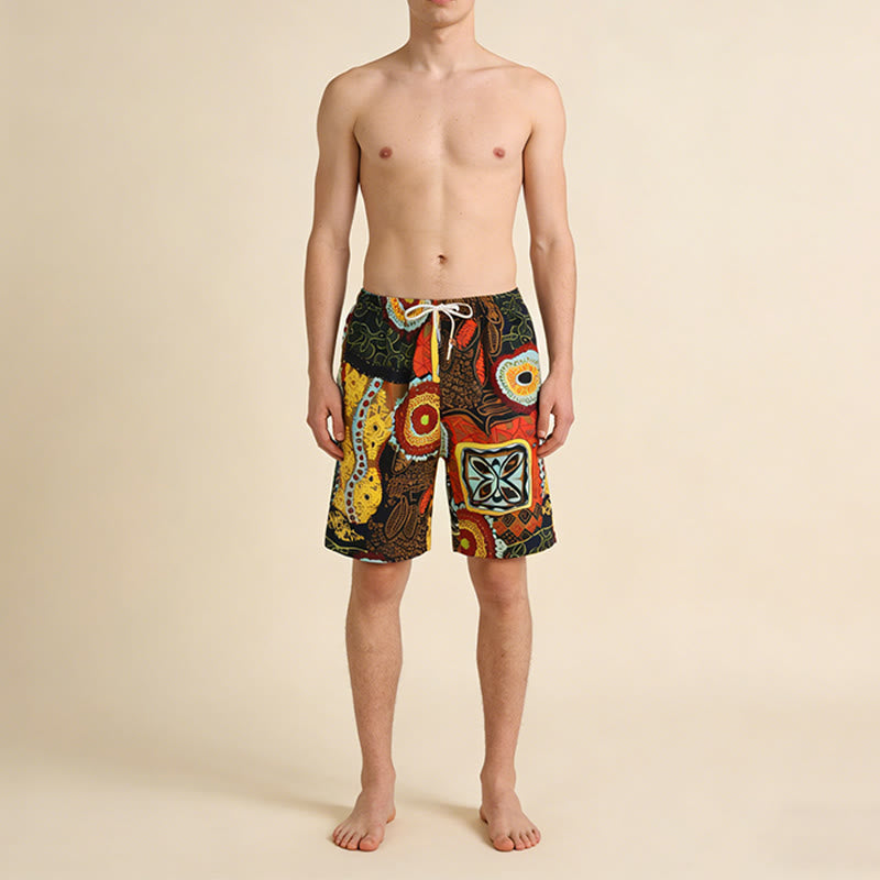 Pantaloncini da uomo Olivenorma con stampa geometrica floreale etnica tribale africana, elastico in vita e coulisse, vestibilità ampia. - image 1