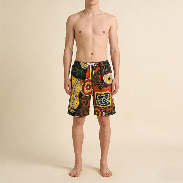 Pantaloncini da uomo Olivenorma con stampa geometrica floreale etnica tribale africana, elastico in vita e coulisse, vestibilità ampia. - image 1