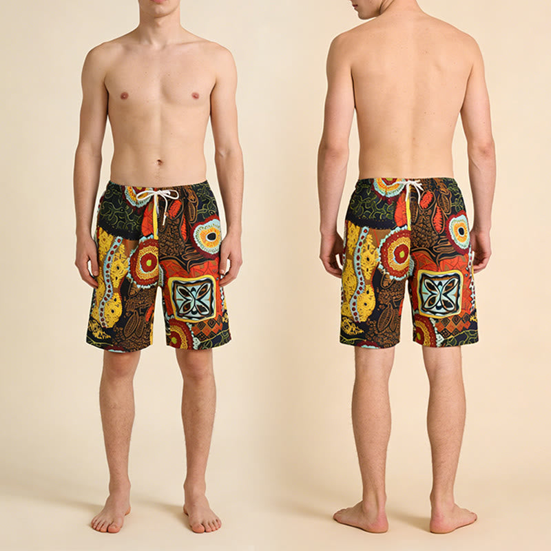 Pantaloncini da uomo Olivenorma con stampa geometrica floreale etnica tribale africana, elastico in vita e coulisse, vestibilità ampia. - image 5
