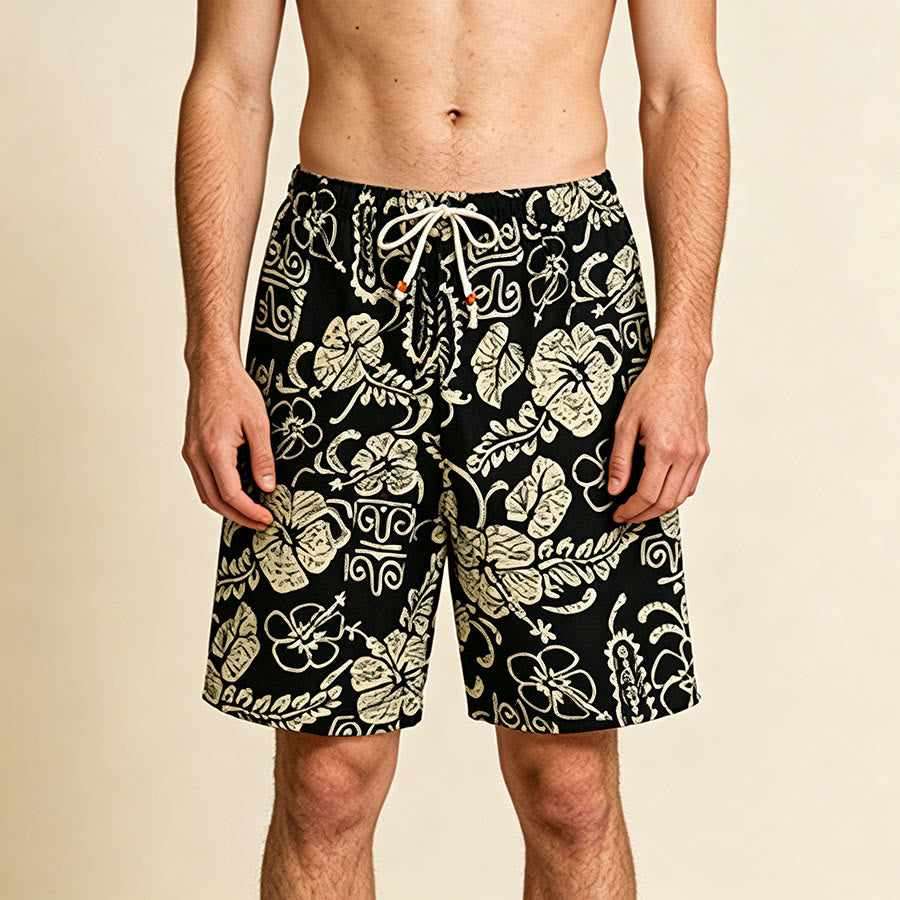 Pantaloncini da uomo Olivenorma Vintage Hawaiian Hibiscus Tribal Print con elastico in vita e coulisse. - Nero - Taglia unica (55 kg-95 kg) - image 0
