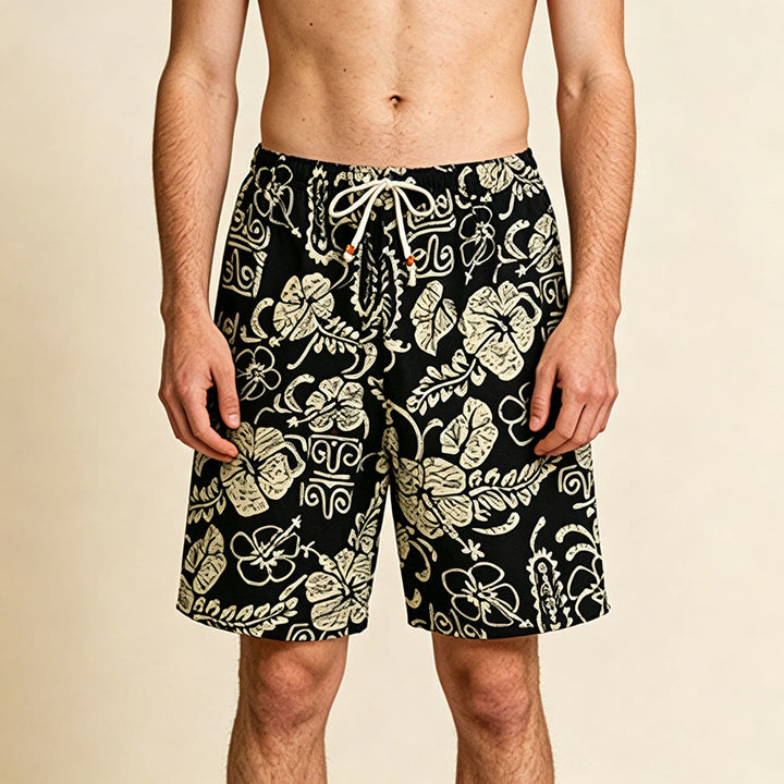 Pantaloncini da uomo Olivenorma Vintage Hawaiian Hibiscus Tribal Print con elastico in vita e coulisse. - Nero - Taglia unica (55 kg-95 kg) - image 0