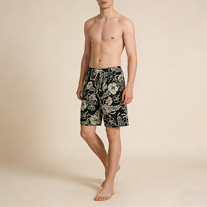 Pantaloncini da uomo Olivenorma Vintage Hawaiian Hibiscus Tribal Print con elastico in vita e coulisse. - image 3