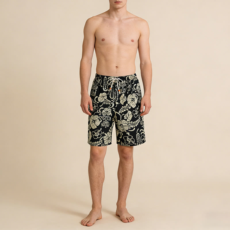 Pantaloncini da uomo Olivenorma Vintage Hawaiian Hibiscus Tribal Print con elastico in vita e coulisse. - image 1