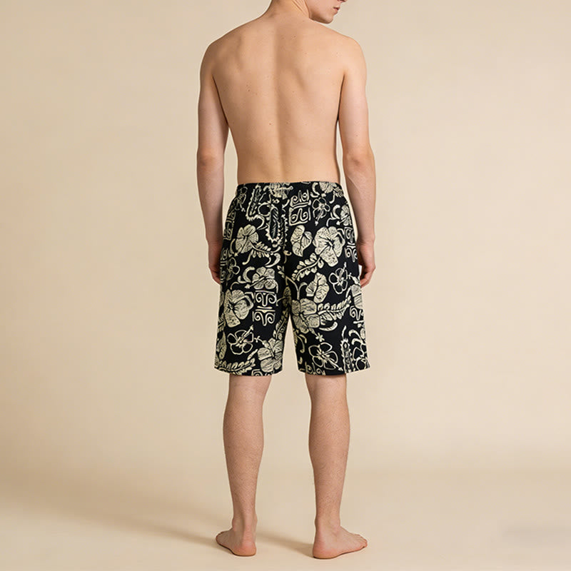 Pantaloncini da uomo Olivenorma Vintage Hawaiian Hibiscus Tribal Print con elastico in vita e coulisse. - image 2