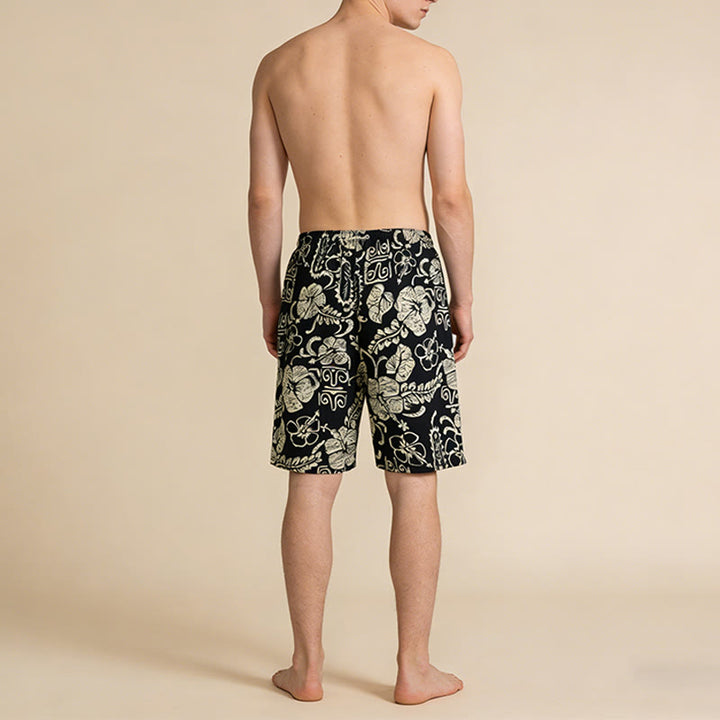 Pantaloncini da uomo Olivenorma Vintage Hawaiian Hibiscus Tribal Print con elastico in vita e coulisse. - image 2