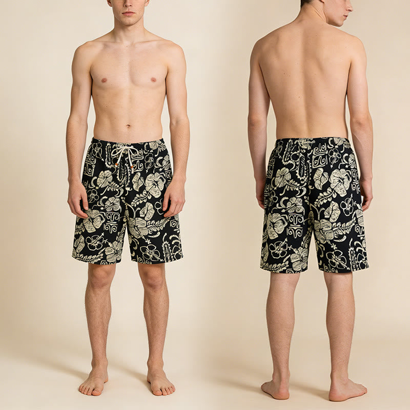 Pantaloncini da uomo Olivenorma Vintage Hawaiian Hibiscus Tribal Print con elastico in vita e coulisse. - image 4