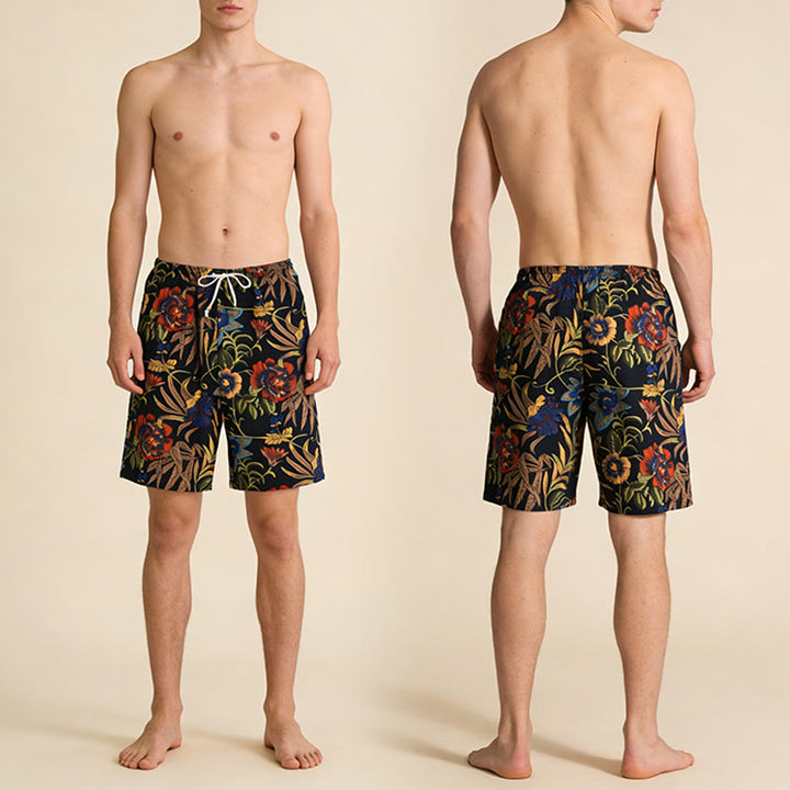 Pantaloncini da uomo Olivenorma Vintage con stampa floreale di peonie, coulisse e perline. - image 4