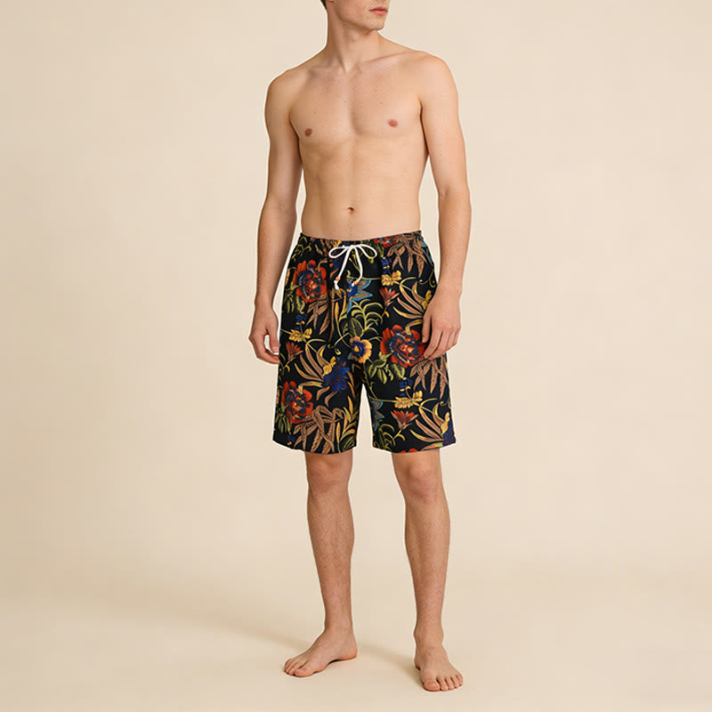 Pantaloncini da uomo Olivenorma Vintage con stampa floreale di peonie, coulisse e perline. - image 2