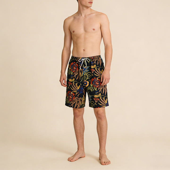Pantaloncini da uomo Olivenorma Vintage con stampa floreale di peonie, coulisse e perline. - image 2