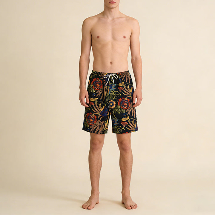 Pantaloncini da uomo Olivenorma Vintage con stampa floreale di peonie, coulisse e perline. - image 1