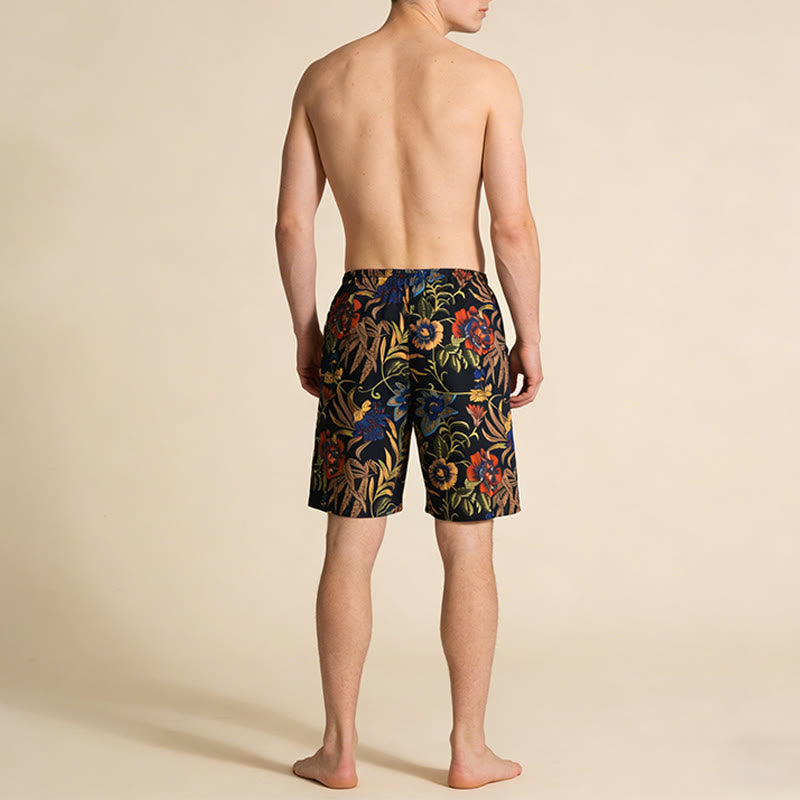 Pantaloncini da uomo Olivenorma Vintage con stampa floreale di peonie, coulisse e perline. - image 3