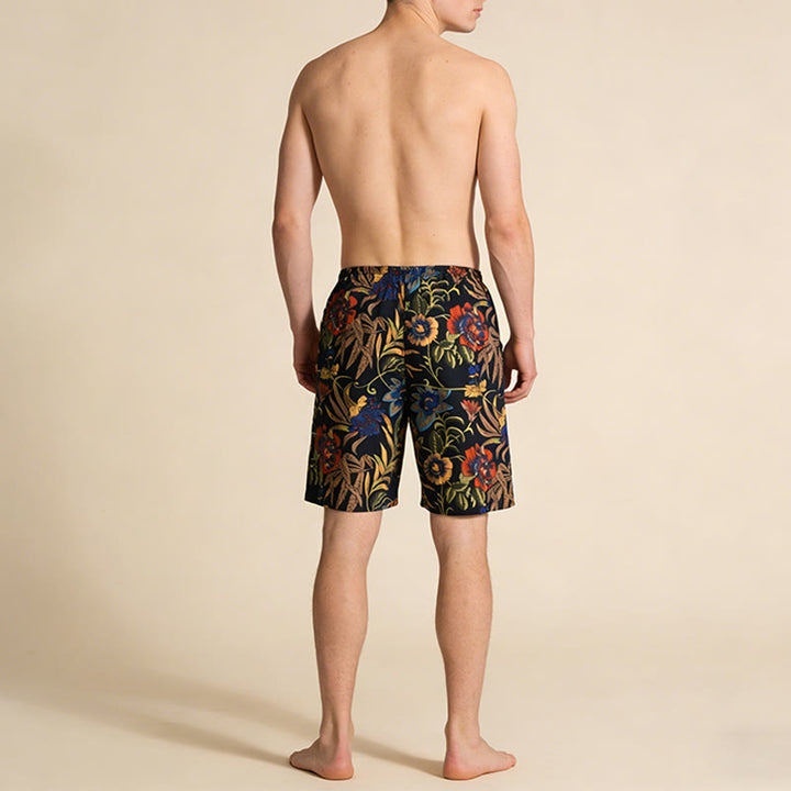 Pantaloncini da uomo Olivenorma Vintage con stampa floreale di peonie, coulisse e perline. - image 3