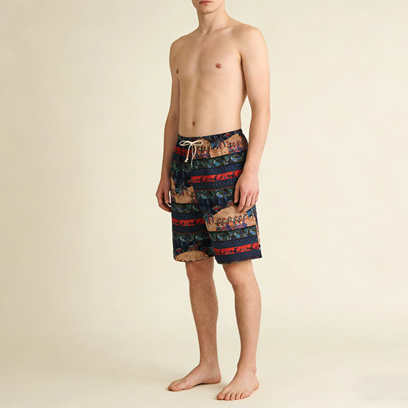 Pantaloncini da uomo Olivenorma a righe multicolore con stampa tribale del sud-est asiatico, ideali per vacanze al mare e tempo libero. - image 2