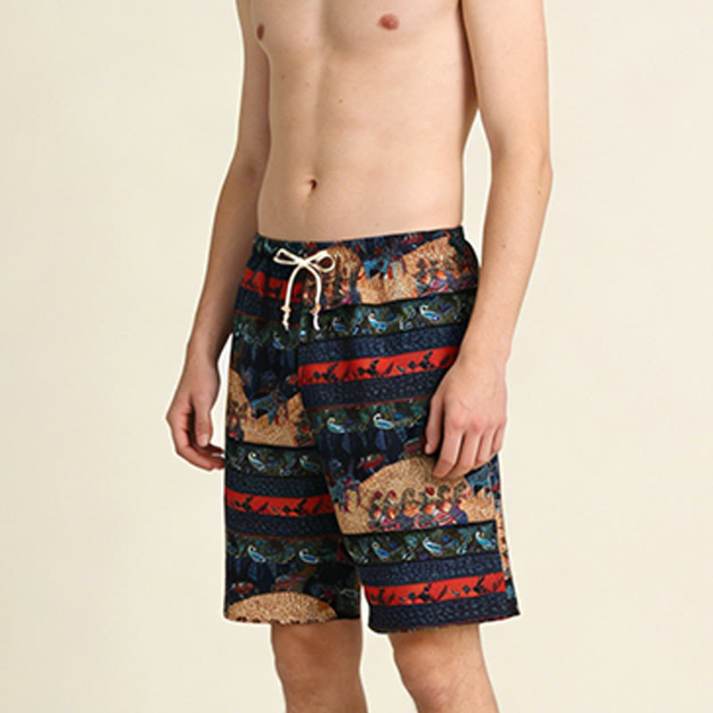 Pantaloncini da uomo Olivenorma a righe multicolore con stampa tribale del sud-est asiatico, ideali per vacanze al mare e tempo libero. - image 3