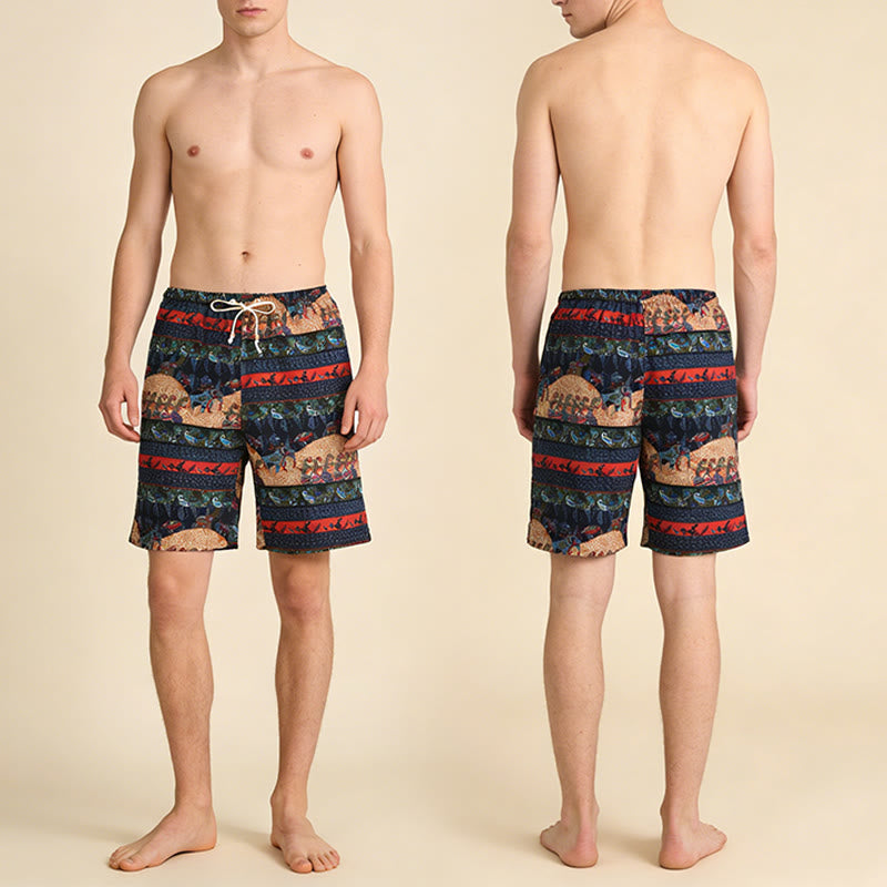 Pantaloncini da uomo Olivenorma a righe multicolore con stampa tribale del sud-est asiatico, ideali per vacanze al mare e tempo libero. - image 5