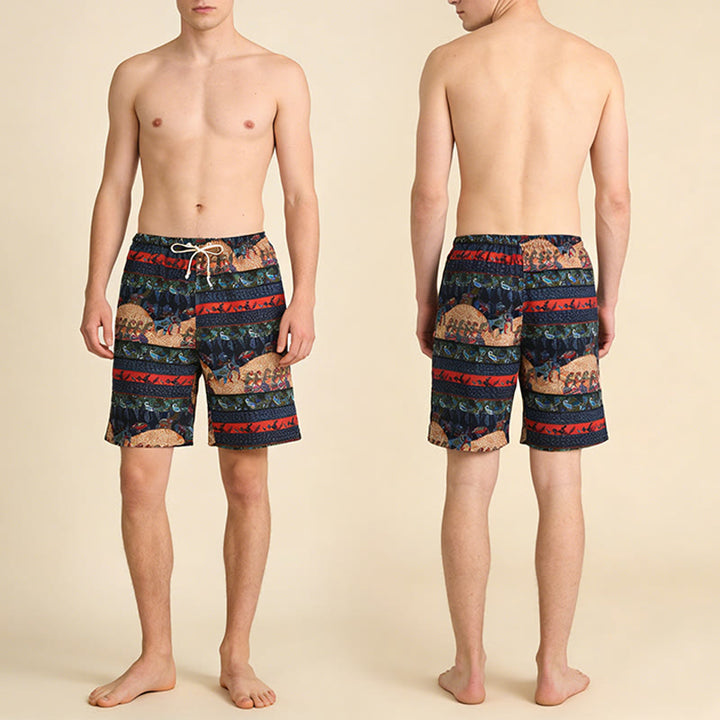 Pantaloncini da uomo Olivenorma a righe multicolore con stampa tribale del sud-est asiatico, ideali per vacanze al mare e tempo libero. - image 5