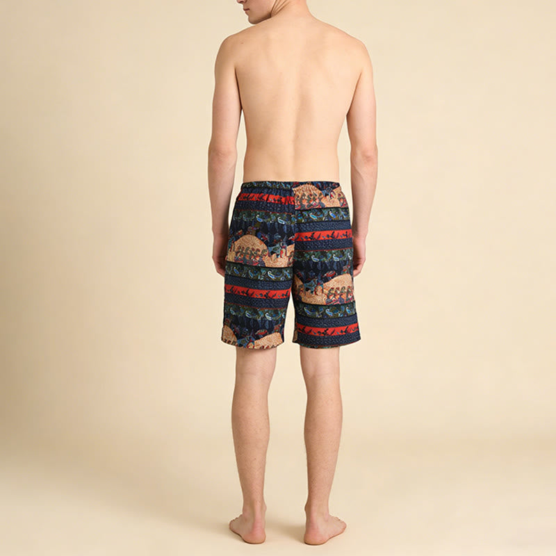 Pantaloncini da uomo Olivenorma a righe multicolore con stampa tribale del sud-est asiatico, ideali per vacanze al mare e tempo libero. - image 4