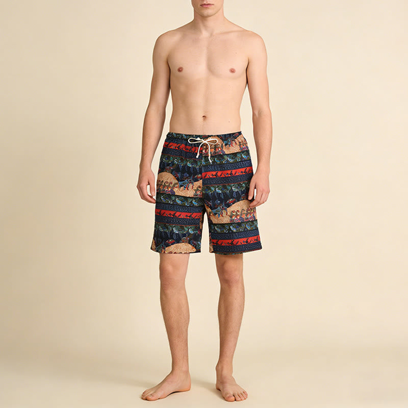 Pantaloncini da uomo Olivenorma a righe multicolore con stampa tribale del sud-est asiatico, ideali per vacanze al mare e tempo libero. - image 1