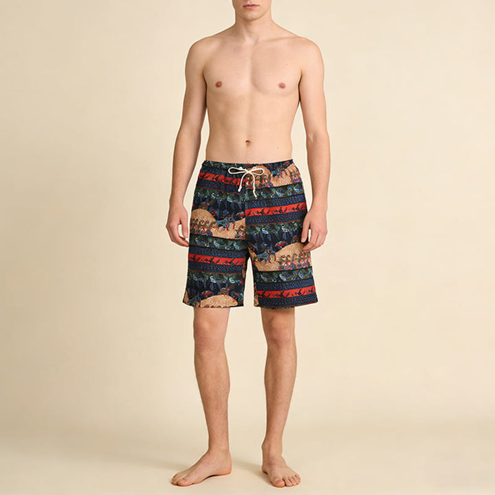 Pantaloncini da uomo Olivenorma a righe multicolore con stampa tribale del sud-est asiatico, ideali per vacanze al mare e tempo libero. - image 1