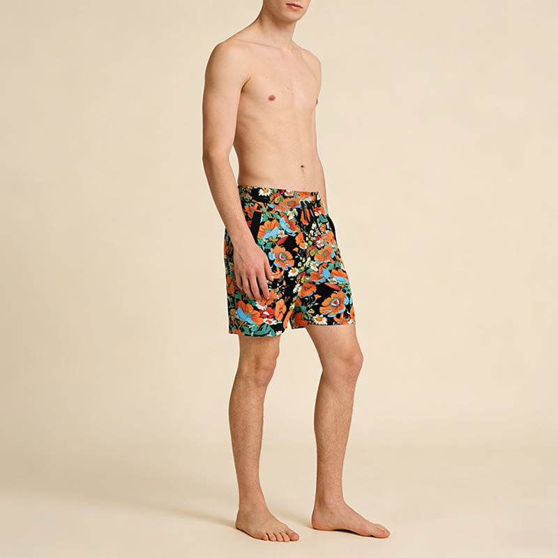 Pantaloncini da uomo Olivenorma neri con stampa floreale di papaveri e margherite, coulisse e asciugatura rapida. - image 2