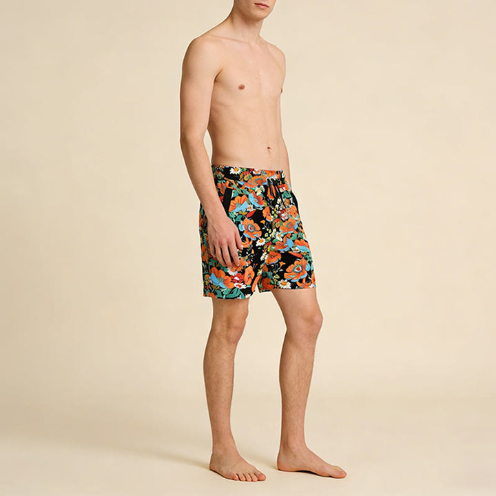 Pantaloncini da uomo Olivenorma neri con stampa floreale di papaveri e margherite, coulisse e asciugatura rapida. - image 2
