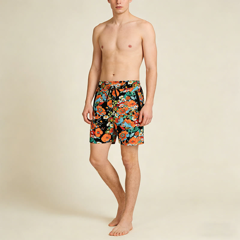 Pantaloncini da uomo Olivenorma neri con stampa floreale di papaveri e margherite, coulisse e asciugatura rapida. - image 3