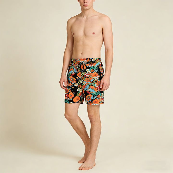 Pantaloncini da uomo Olivenorma neri con stampa floreale di papaveri e margherite, coulisse e asciugatura rapida. - image 3