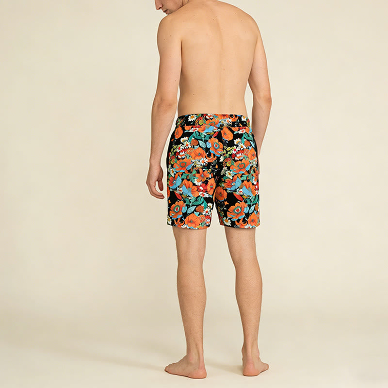 Pantaloncini da uomo Olivenorma neri con stampa floreale di papaveri e margherite, coulisse e asciugatura rapida. - image 4