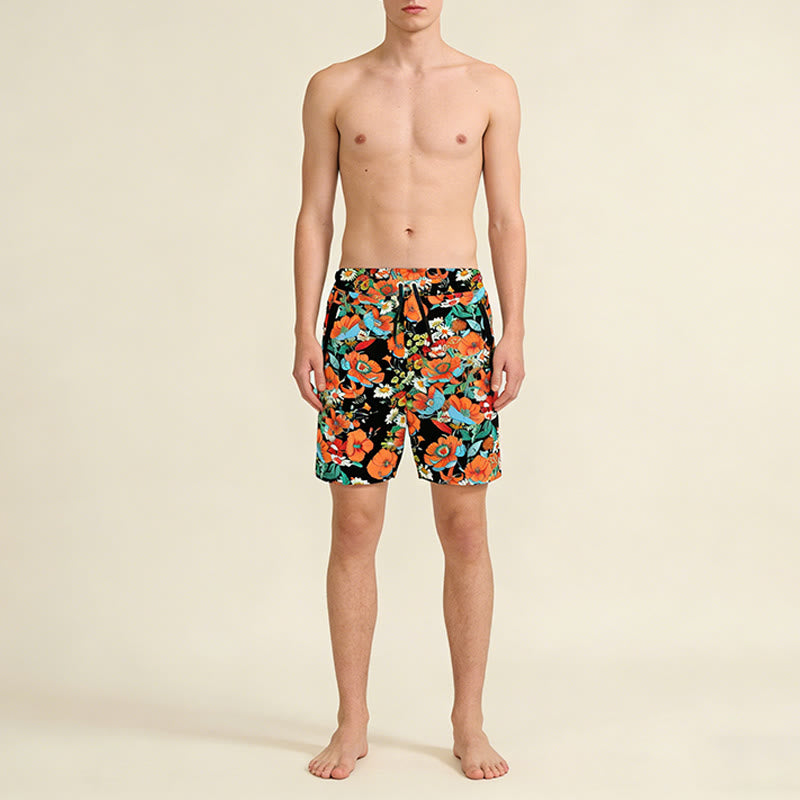 Pantaloncini da uomo Olivenorma neri con stampa floreale di papaveri e margherite, coulisse e asciugatura rapida. - image 1