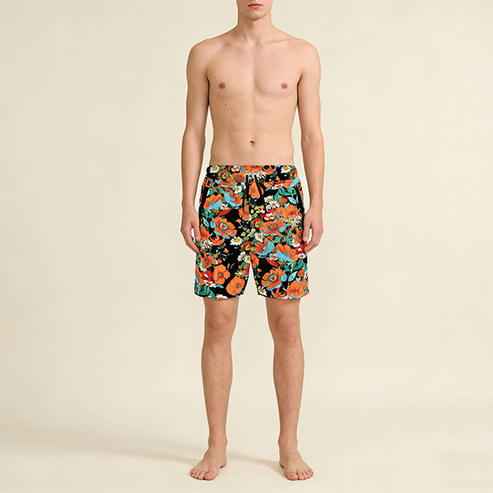 Pantaloncini da uomo Olivenorma neri con stampa floreale di papaveri e margherite, coulisse e asciugatura rapida. - image 1