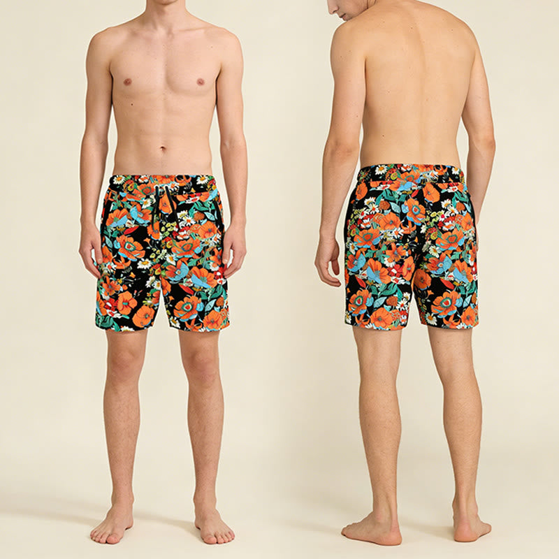Pantaloncini da uomo Olivenorma neri con stampa floreale di papaveri e margherite, coulisse e asciugatura rapida. - image 5