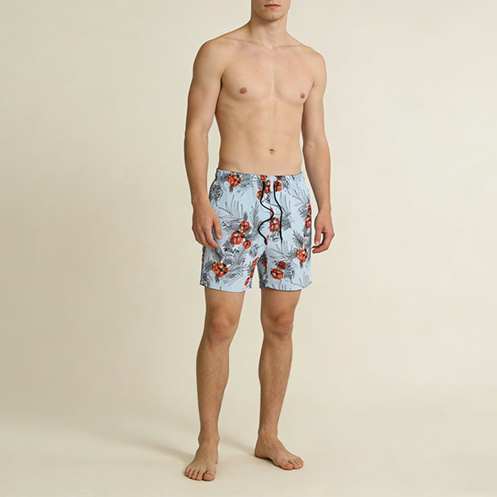Pantaloncini da uomo Olivenorma con stampa di foglie di palma e ibisco tropicale, coulisse e asciugatura rapida. - image 2