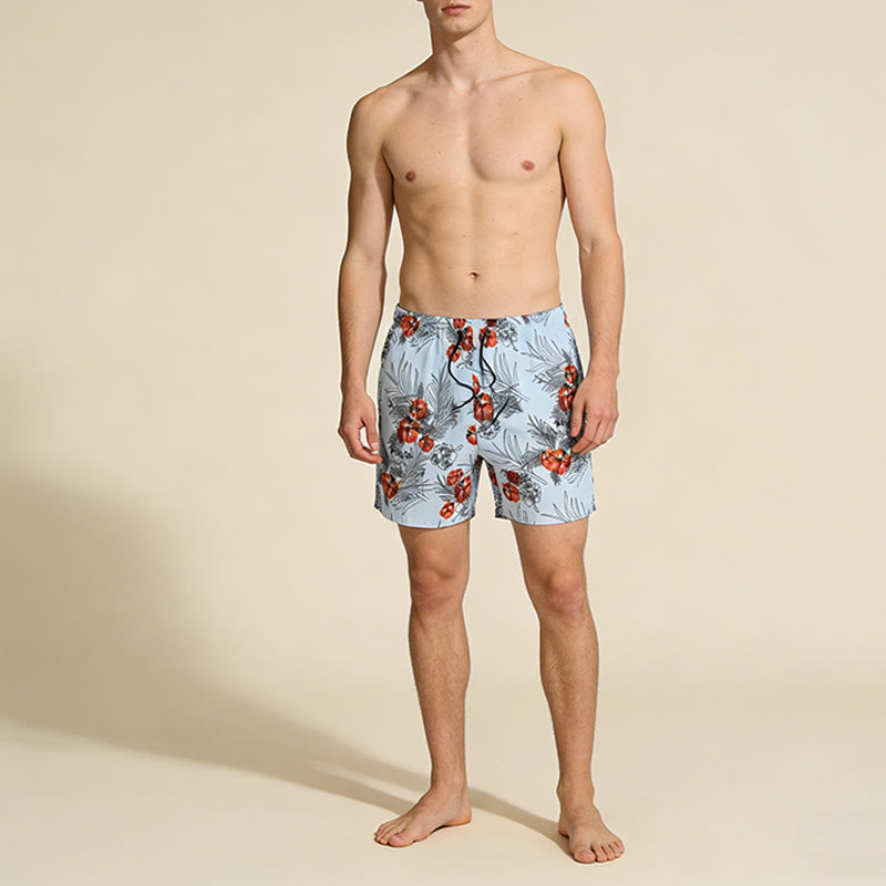 Pantaloncini da uomo Olivenorma con stampa di foglie di palma e ibisco tropicale, coulisse e asciugatura rapida. - image 1